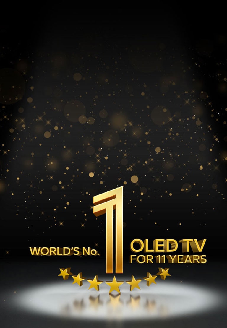 Um emblema dourado da LG é a marca de TV OLED número 1 do mundo há 11 anos, contra um fundo preto. Um holofote brilha sobre o emblema e estrelas abstratas douradas preenchem o céu acima dele.