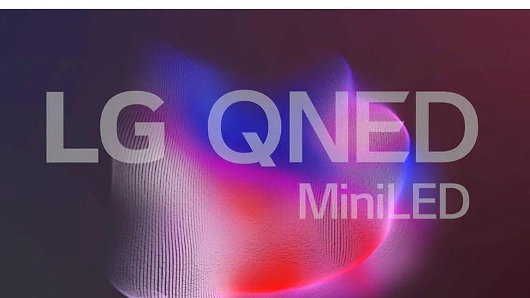 Tela de TV mostrando o logotipo LG QNED Mini-LED e pequenas partículas brilhantes que se unem para formar um peixe beta (reproduza o vídeo).