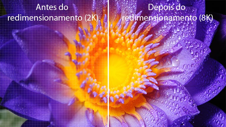 Imagem de uma flor na definição 2K original, à esquerda, e redimensionada para 8K, à direita.