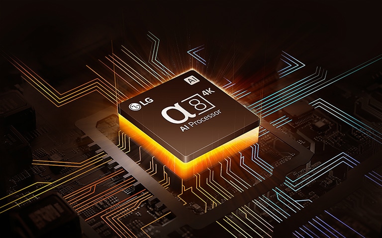 O Processador Alpha 8 AI 4K da LG, com luz laranja emanando por baixo, e linhas coloridas de placa de circuito se ramificando a partir do Processador de IA.