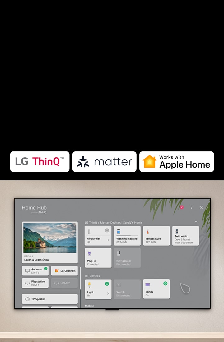 Os logotipos do LG ThinQ™, Matter e Apple Home. Uma LG TV montada em uma parede e um LG PuriCare™ Objet Collection 360° à esquerda. A TV exibe o Home Hub e um ponteiro clica em "Air purifier" (Purificador de ar) e o LG PuriCare™ Objet Collection 360° é ativado. 