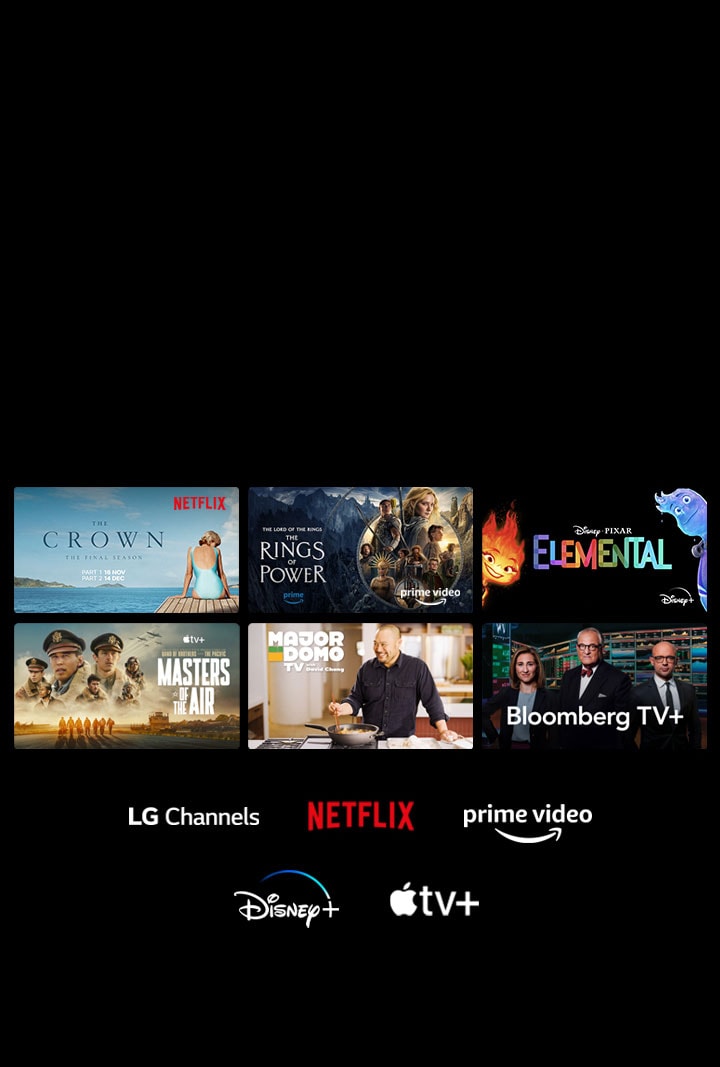 Seis miniaturas de filmes e programas de TV são exibidos com os logotipos do LG Channels, Netflix, Prime Video, Disney+ e Apple TV+ abaixo.