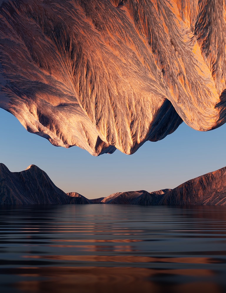 Uma imagem da natureza com montanhas rochosas voltadas uma para a outra, em cima e embaixo, mostra o contraste e os detalhes.