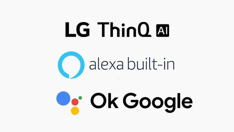 Este cartão descreve comandos de voz. Os logotipos da LG ai ThinQ, do Hey Google e da Amazon Alexa estão dispostos.