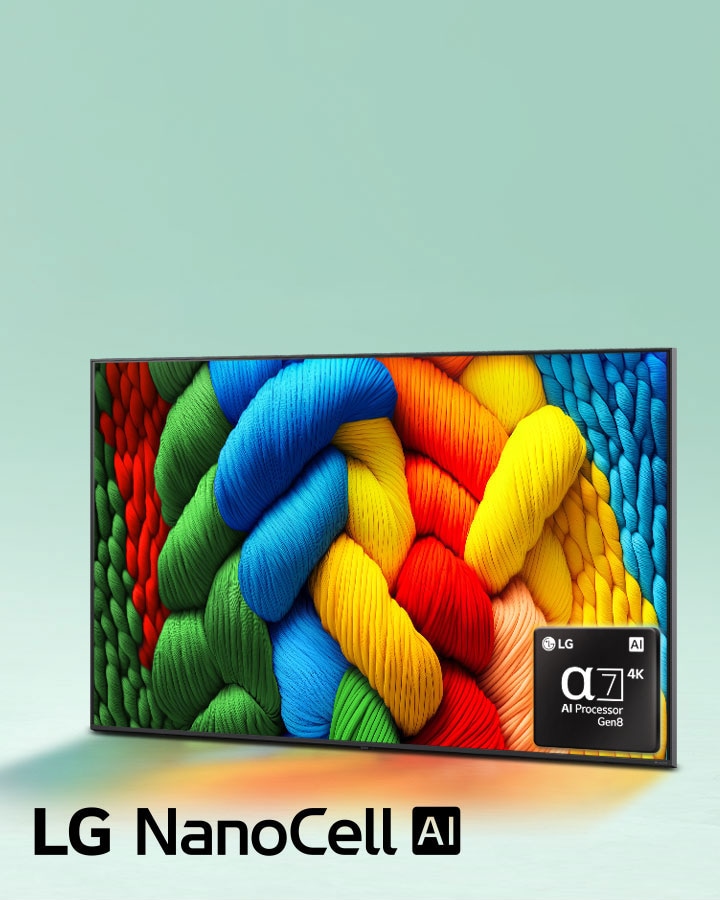 LG NanoCell TV ligeiramente inclinada para a esquerda e exibindo fios coloridos. O logotipo do processador alpha 7 4K AI aparece no canto inferior direito da TV. O plano de fundo é um gradiente de azul-petróleo claro.