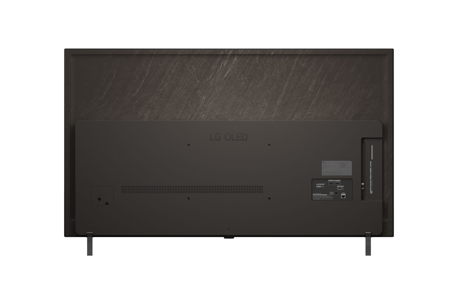 Vista frontal e lateral da Smart TV 4K LG OLED AI B5, mostrando suas dimensões de comprimento, largura, altura e profundidade.