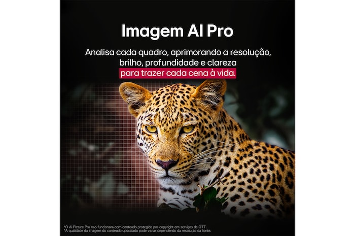 LG AI Magic Remote com o botão AI em destaque. Ao redor dele estão as diferentes funcionalidades que um usuário pode acessar a partir do botão. AI Voice ID, AI Search, AI Chatbot, AI Concierge, AI Picture Wizard e AI Sound Wizard. O texto explica que o LG AI Magic Remote completa sua experiência de IA com um botão AI dedicado e pode ser usado como um air mouse. Basta apontar e clicar.