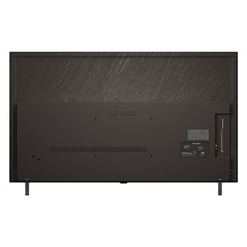 Vista frontal e lateral da Smart TV 4K LG OLED AI B5, mostrando suas dimensões de comprimento, largura, altura e profundidade.