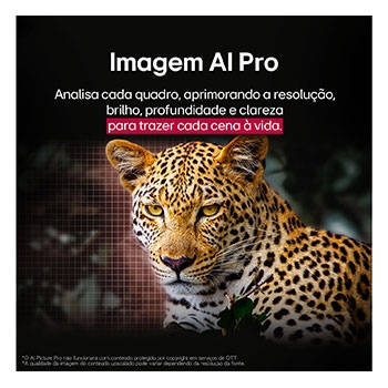 LG AI Magic Remote com o botão AI em destaque. Ao redor dele estão as diferentes funcionalidades que um usuário pode acessar a partir do botão. AI Voice ID, AI Search, AI Chatbot, AI Concierge, AI Picture Wizard e AI Sound Wizard. O texto explica que o LG AI Magic Remote completa sua experiência de IA com um botão AI dedicado e pode ser usado como um air mouse. Basta apontar e clicar.