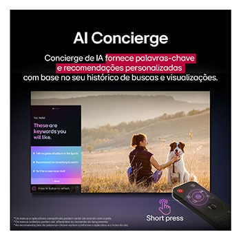 Conteúdo de ficção científica sendo reproduzido na tela de uma LG TV. Na tela aparece a interface do AI Chatbot. O usuário enviou uma mensagem ao chatbot dizendo que a tela está muito escura. O chatbot ofereceu soluções para a solicitação. A cena inteira está dividida em duas partes. Um lado é mais escuro, o outro lado é mais claro, mostrando como o AI Chatbot resolveu o problema para o usuário automaticamente. O texto explica que o Al Chatbot pode entender a intenção do usuário e fornecer soluções para resolver problemas.