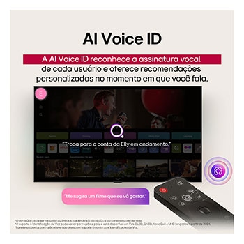 Vista ampla de uma sala de estar de alto padrão em tons suaves de terra. Na parede, há uma Smart TV 4K LG OLED AI B5 com uma obra de arte na tela. Uma LG Soundbar está montada embaixo dela.