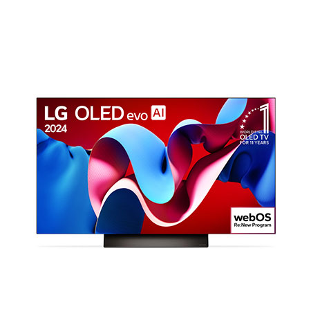 Vista frontal da LG OLED evo C4,  OLED48C4PSA  e emblema de onze anos como a OLED número um do mundo na tela,