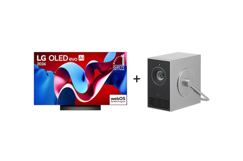 Vista frontal de Combo Smart TV LG OLED evo 4K C4 77 polegadas 2024 + Projetor LG CineBeam Q 4K UHD Laser OLED77C4.HU710