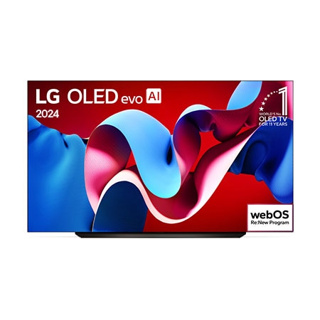 Vista frontal da LG OLED evo C4,  OLED83C4PSA  e emblema de onze anos como a OLED número um do mundo na tela,