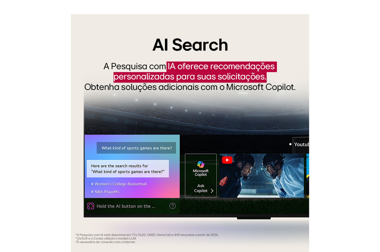 Conteúdo de ficção científica sendo reproduzido na tela de uma LG TV. Na tela aparece a interface do AI Chatbot. O usuário enviou uma mensagem ao chatbot dizendo que a tela está muito escura. O chatbot ofereceu soluções para a solicitação. A cena inteira está dividida em duas partes. Um lado é mais escuro, o outro lado é mais claro, mostrando como o AI Chatbot resolveu o problema para o usuário automaticamente. O texto explica que o Al Chatbot pode entender a intenção do usuário e fornecer soluções para resolver problemas.