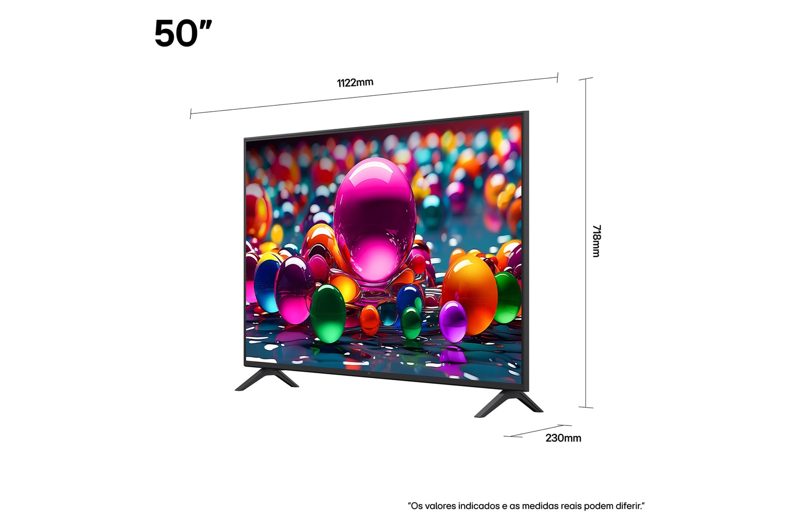 Vista frontal e lateral da Smart TV 4K LG UHD AI UA85, mostrando suas dimensões de comprimento, largura, altura e profundidade.