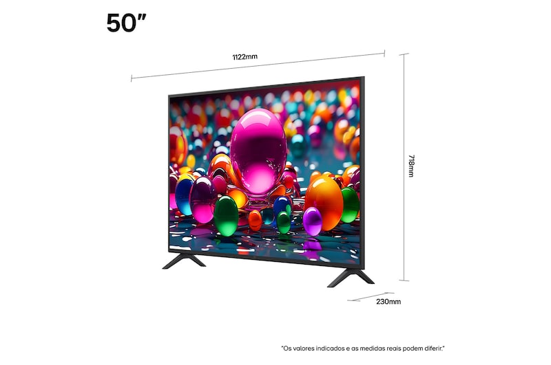 Vista frontal e lateral da Smart TV 4K LG UHD AI UA85, mostrando suas dimensões de comprimento, largura, altura e profundidade.