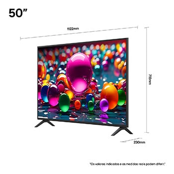 Vista frontal e lateral da Smart TV 4K LG UHD AI UA85, mostrando suas dimensões de comprimento, largura, altura e profundidade.