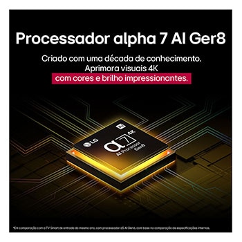 O processador alpha 7 AI Gen8 se ilumina de amarelo, e raios de luz coloridos saem dele. O título fala sobre como o processador oferece qualidade 4K, cores e brilho impressionantes.