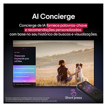 Um LG AI Magic Remote em frente à tela de uma LG TV. Uma saudação personalizada da LG AI é exibida na tela, com palavras-chave personalizadas baseadas na pesquisas do usuário e no histórico de visualização. Junto ao controle remoto há um ícone e um rótulo mostrando que a funcionalidade AI Concierge é facilmente acessível com um breve toque no botão AI.