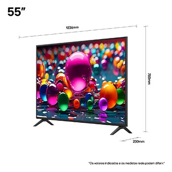 Vista frontal e lateral da Smart TV 4K LG UHD AI UA85, mostrando suas dimensões de comprimento, largura, altura e profundidade.