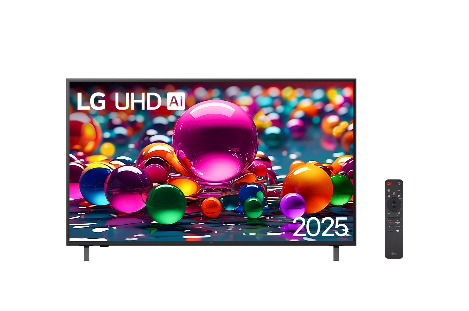 Vista frontal da UHD UA85 TV, logotipo da LG UHD Al no canto superior. A LG UHD TV mostra texturas coloridas de pinturas se fundindo.
