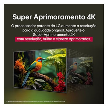 Comparação antes e depois de como o LG 4K Super Upscaling melhora a qualidade da imagem. Dois painéis mostrando a mesma imagem de um pássaro colorido pousado em um galho em uma floresta; o painel da direita está desbotado. O título fala sobre como o 4K Super Upscaling melhora a resolução, o brilho e a nitidez.