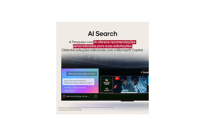 Um close da tela da LG TV mostrando como o AI Search funciona. Uma pequena janela de bate-papo está aberta, mostrando como o usuário perguntou quais partidas esportivas estão disponíveis. O AI Search responde por bate-papo, mostrando miniaturas dos conteúdos disponíveis. Há também um prompt para perguntar ao Microsoft Copilot.