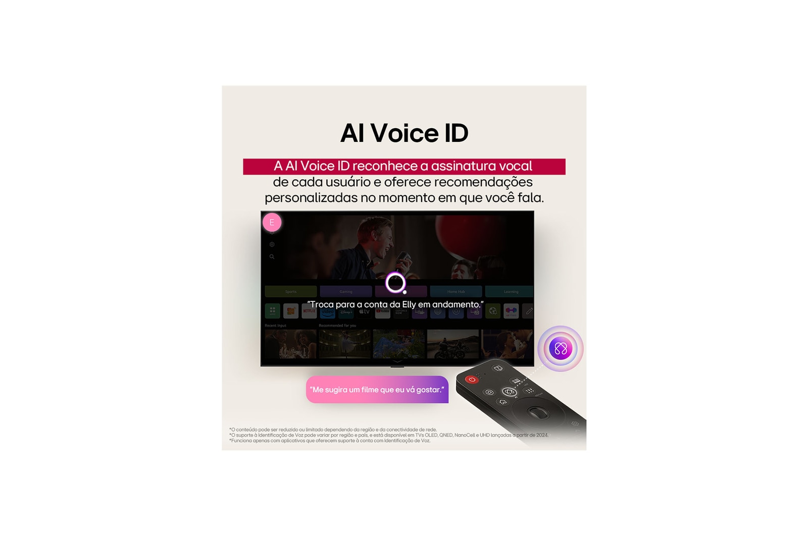 A tela de uma LG TV com um AI Magic Remote em primeiro plano. O botão AI está destacado, e um balão de fala mostra o texto: “Sugira um filme de que eu goste”. Na tela, vemos o ícone do usuário E, indicando como o AI Voice ID foi capaz de identificar qual era o usuário e fornecer recomendações personalizadas com base apenas na sua voz.