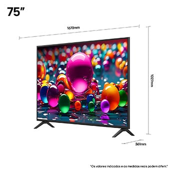 Vista frontal e lateral da Smart TV 4K LG UHD AI UA85, mostrando suas dimensões de comprimento, largura, altura e profundidade.