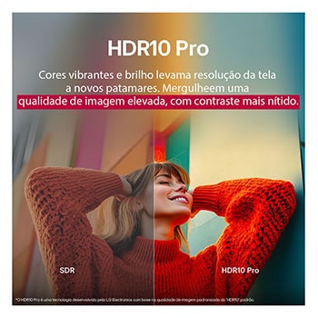 Uma foto de uma garota com um suéter vermelho dividida ao meio mostrando o lado esquerdo em SDR e o lado direito em HDR10 Pro. O lado direito da imagem é mais nítido e com melhor contraste em comparação ao lado esquerdo. O título fala sobre como o HDR10 Pro oferece qualidade de imagem elevada e contraste mais definido.