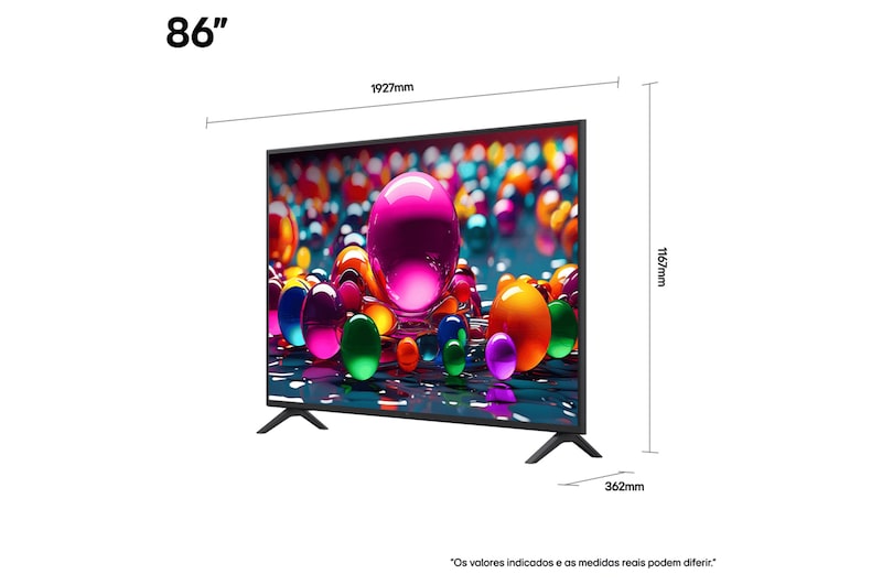 Vista frontal e lateral da Smart TV 4K LG UHD AI UA75, mostrando suas dimensões de comprimento, largura, altura e profundidade.