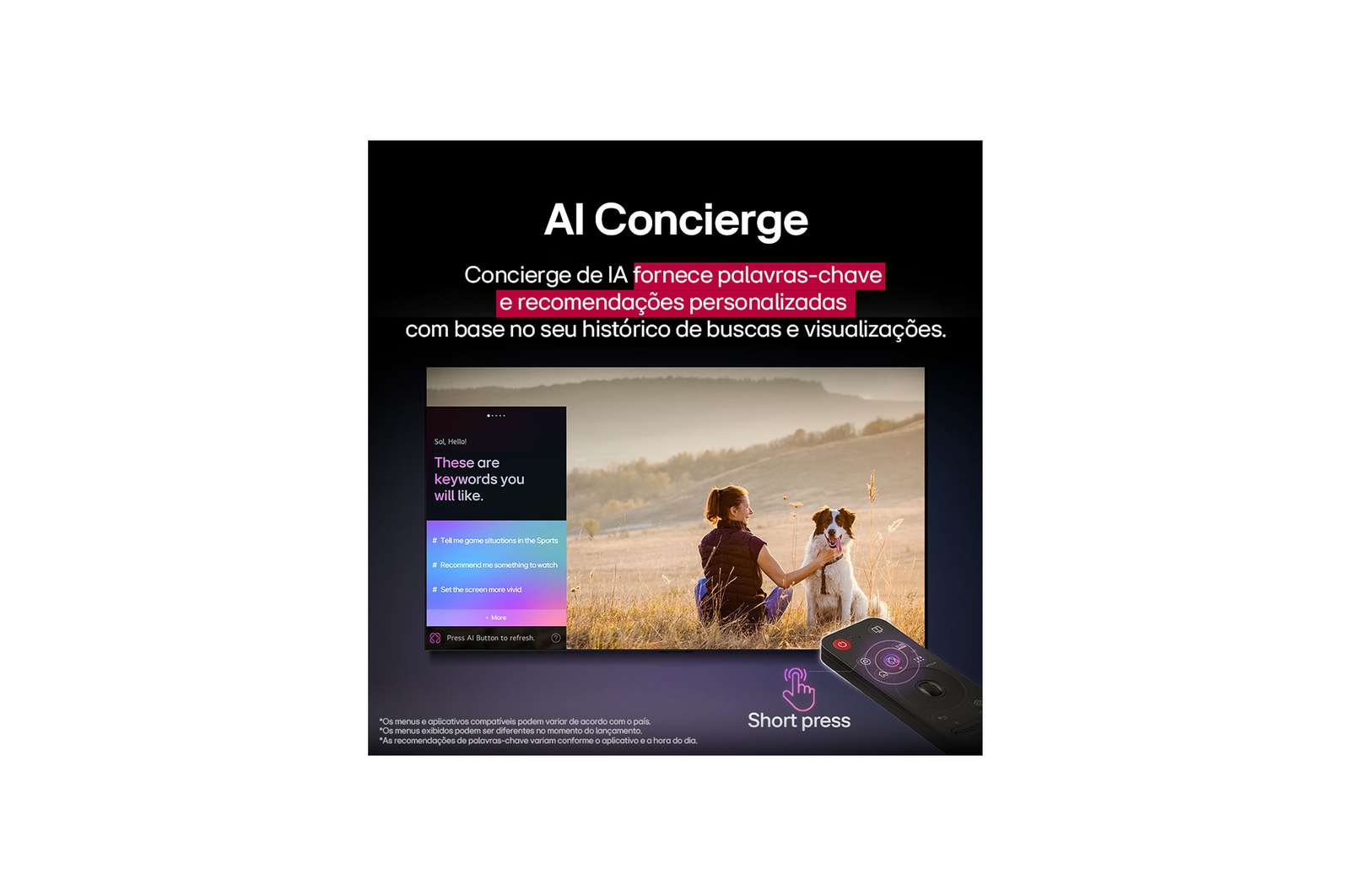 Um LG AI Magic Remote em frente à tela de uma LG TV. Uma saudação personalizada da LG AI é exibida na tela, com palavras-chave personalizadas baseadas na pesquisas do usuário e no histórico de visualização. Junto ao controle remoto há um ícone e um rótulo mostrando que a funcionalidade AI Concierge é facilmente acessível com um breve toque no botão AI.