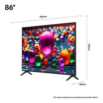 Vista frontal e lateral da Smart TV 4K LG UHD AI UA75, mostrando suas dimensões de comprimento, largura, altura e profundidade.