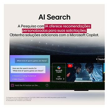 Um close da tela da LG TV mostrando como o AI Search funciona. Uma pequena janela de bate-papo está aberta, mostrando como o usuário perguntou quais partidas esportivas estão disponíveis. O AI Search responde por bate-papo, mostrando miniaturas dos conteúdos disponíveis. Há também um prompt para perguntar ao Microsoft Copilot.