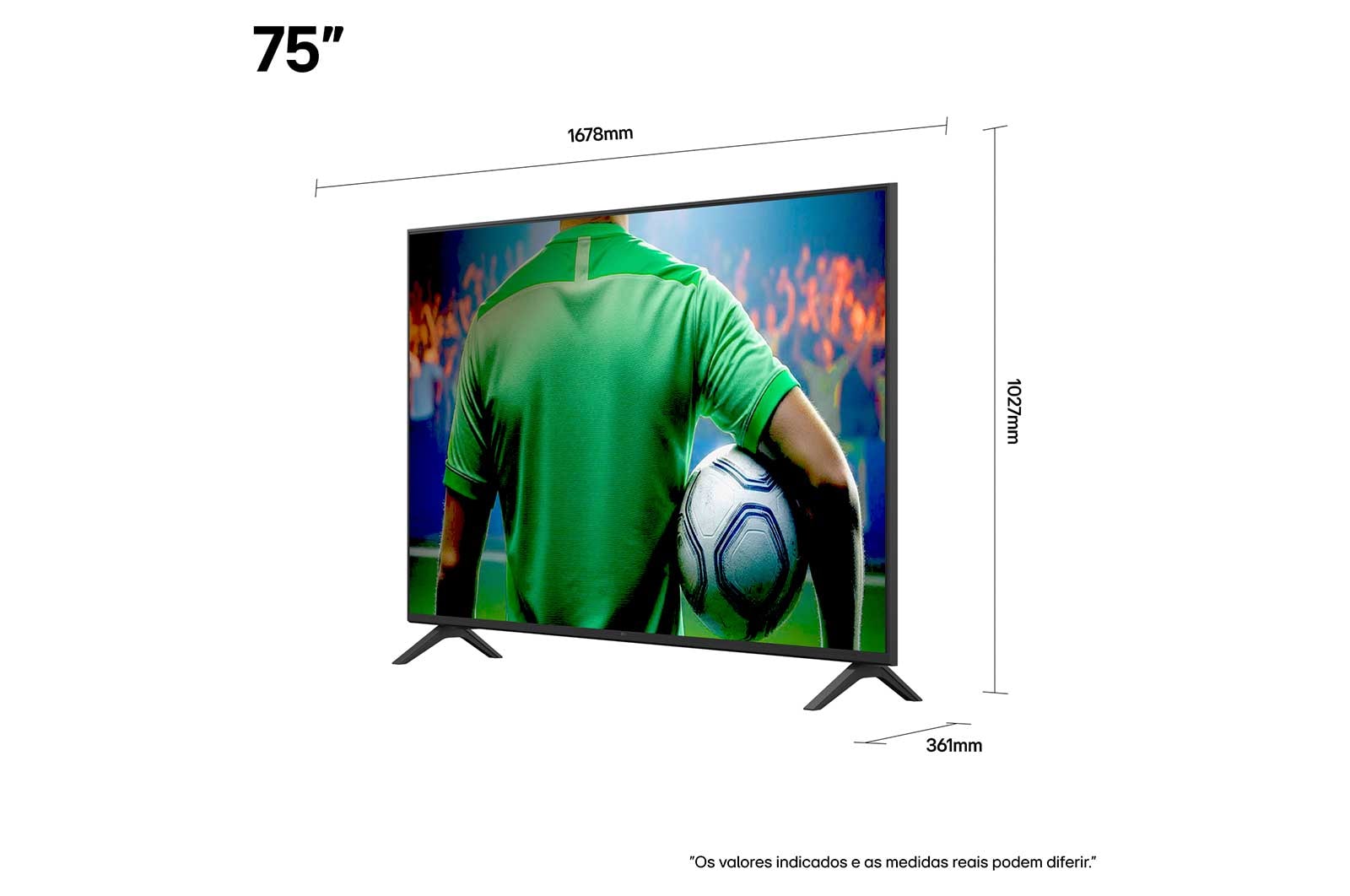 Vista frontal e lateral da Smart TV 4K LG UHD AI UA85, mostrando suas dimensões de comprimento, largura, altura e profundidade.