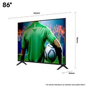 Vista frontal e lateral da Smart TV 4K LG UHD AI UA75, mostrando suas dimensões de comprimento, largura, altura e profundidade.