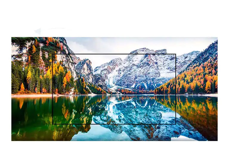 Uma tela de TV mostrando paisagem de montanha e lago ampliada (reproduzir o vídeo)