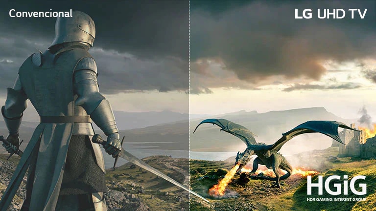 Um cavaleiro com armadura e espada e um dragão soprando fogo estão se enfrentando. A imagem mostra textos para Convencional no canto superior esquerdo, TV LG UHD no canto superior direito e o logotipo HGiG no canto inferior direito.
