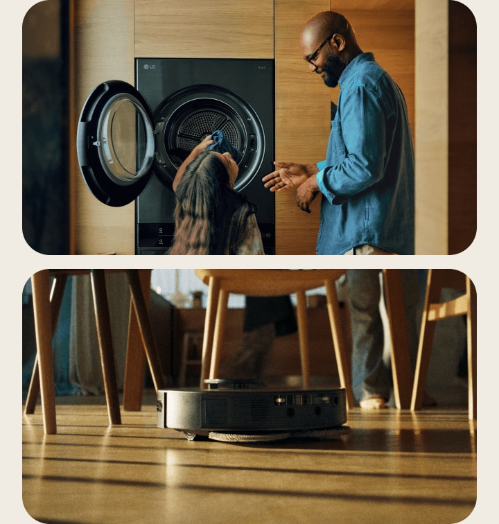 Pai e filha retirando roupas de uma LG WashTower AI aberta, ao lado de um LG Robot Vacuum limpando o chão embaixo de uma mesa de jantar.