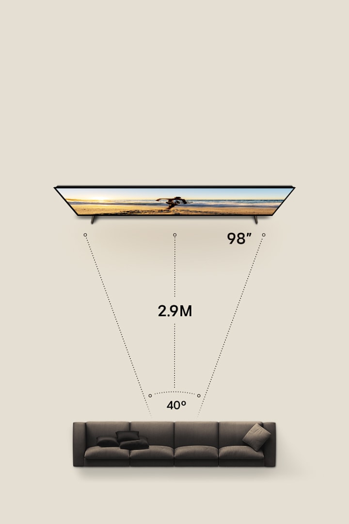 75 inçlik bir LG TV, 40° açı gösteren iki kişilik koltuğun 2,3 metre önünde yer alıyor. Koltuk üç kişilik, mesafe 2,6 metre, TV ise 86 inç olarak değişiyor. Ardından, koltuk üç kişilik, mesafe 2,9 metre, TV ise 98 inç olarak değişiyor.