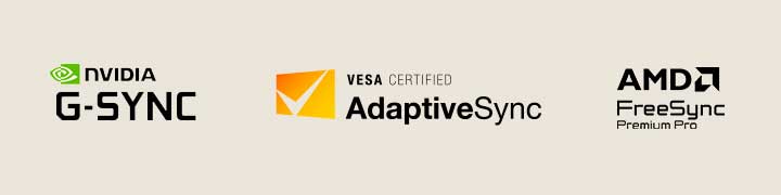 Logos da NVIDIA G-SYNC, VESA AdaptiveSync e AMD FreeSync Premium Pro.