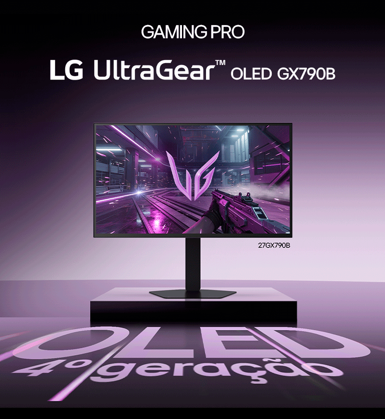 Monitor gamer LG UltraGear 27GX790B exibido em uma plataforma elevada com um gráfico de trilha de luz em alta velocidade na tela. A projeção no chão diz ‘4ª Geração OLED’, enfatizando a geração OLED do produto.
