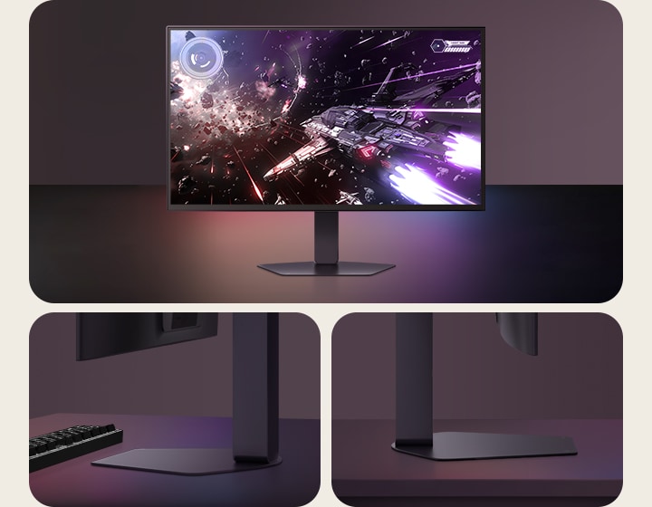 Monitor gamer LG UltraGear 27GX790B exibido em uma mesa, mostrando uma cena de batalha espacial com uma nave espacial acionando os propulsores. À direita, dois close-ups destacam o design fino do suporte e os detalhes da base do monitor, enfatizando sua pegada mínima e perfil elegante.