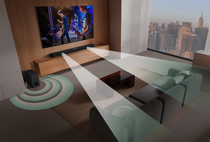 A LG Soundbar, a LG TV e o subwoofer estão em uma sala de estar exibindo uma imagem na tela com uma performance musical sendo reproduzida. Duas ramificações de ondas sonoras brancas, feitas de gotículas, projetam-se da soundbar, enquanto um subwoofer cria um efeito sonoro a partir da parte inferior.