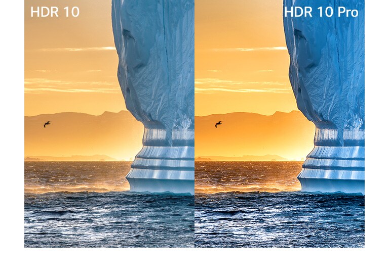 Imagem de um grande penhasco emergindo da água contra um entardecer alaranjado. O lado esquerdo mostra a imagem em HDR, e o direito, em HDR 10 Pro com mais detalhes.