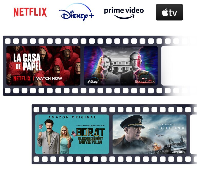 Os logotipos da Netflix, Disney+, Amazon Prime Video e Apple TV estão alinhados na horizontal. Abaixo dos logotipos, cartazes das produções Borat: Fita de Cinema Seguinte do Amazon Original, A Casa de Papel da Netflix, WandaVision da Disney+ e Greyhound da Apple TV também estão alinhados na horizontal.