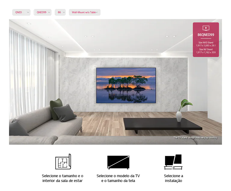 Uma grande TV de tela plana montada numa parede cinza, cercada por mobília cinza e preta. A imagem mostra três árvores refletidas na água numa cena de entardecer.