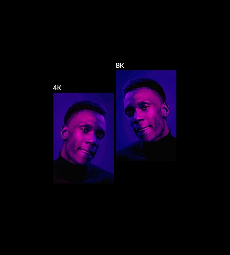 À direita, está a imagem do rosto de um homem sob iluminação roxa, e o texto acima diz 8K. Ela é extremamente nítida. À esquerda, está a mesma imagem, só que um pouco menos nítida, e o texto acima diz 2K. A imagem então se torna um pouco mais nítida, e o texto acima muda para 4K.