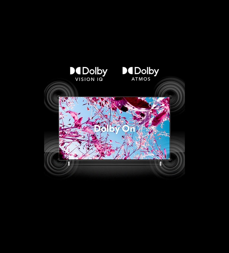 A tela da TV QNED exibe flores rosadas de colza, e o texto no meio diz Dolby Desativado. A imagem na tela fica mais brilhante, e o texto muda para Dolby Ativado.